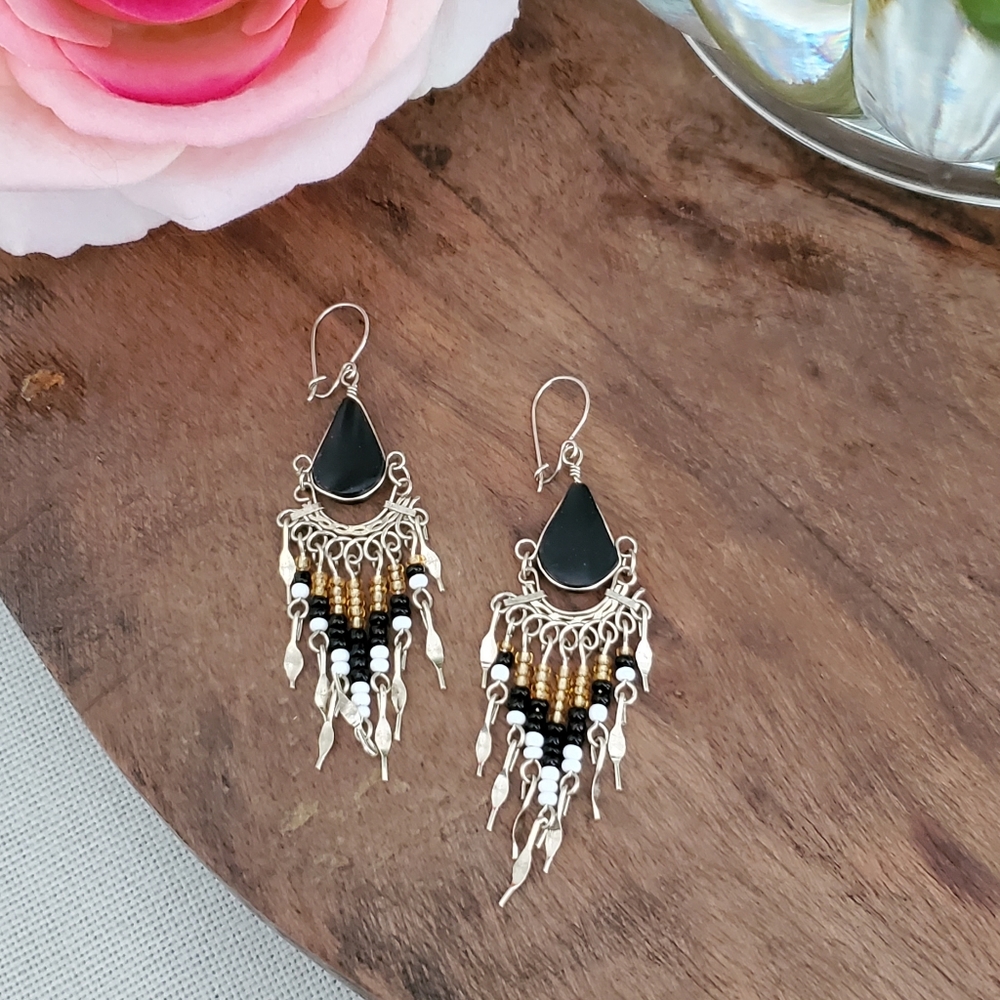 Peruvian semi-precious black onyx stone and seed bead earrings